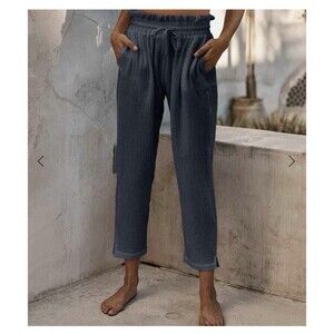SUMMERSALT Organic Cotton gauze Pants Womens Medium Navy Blue High Rise Pull On
